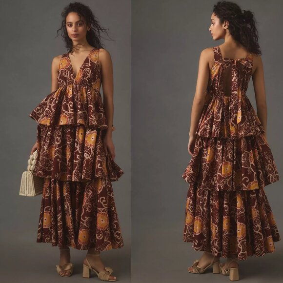 Anthropologie Dresses & Skirts - Anthropologie Atsu V-Neck Floral Tiered Maxi Dress SP PS new nwt BROWN
